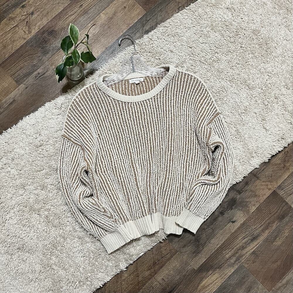 Buckle Blu Pepper Size Large Brown Cream Striped Cropped Crewneck Sweater